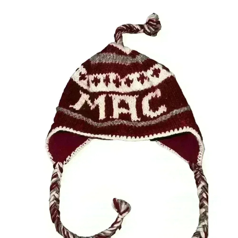 Alma Knit Hat 100% Wool w/ Ties Fleece Lined Burgundy Made in Nepal